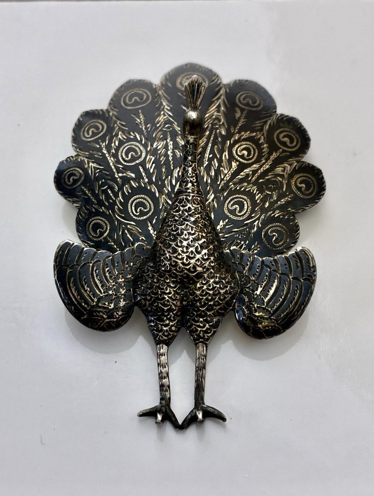 Vintage Vilai Sterling Silver Niello Peacock Brooch Pin Made In Siam 2.5”