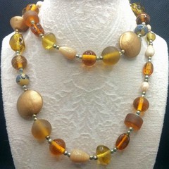 Vintage Long Beaded Glass Necklace Honey Tones Czech Frosted Satin 32 In Length