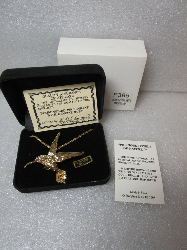 Rare Dale Kinkaid Hummingbird Brooch Necklace Ruby Precious Jewels Of Nature NOS