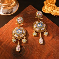 Vintage European Floral Bird Enamel Disc Drop Earrings Gold Victorian Jewelry