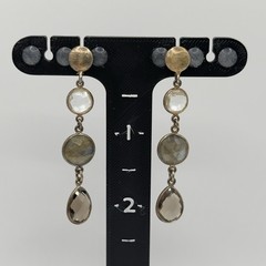 Dangle Gemstone Earrings Gold Over 925 Labradorite Smoky & Clear Quartz 2in Drop