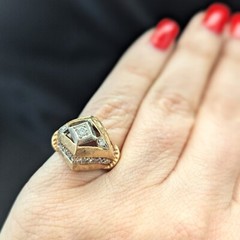 Vintage 1940s Retro Diamond Dome Heavy Ring 14k Two-Tone Gold Cocktail