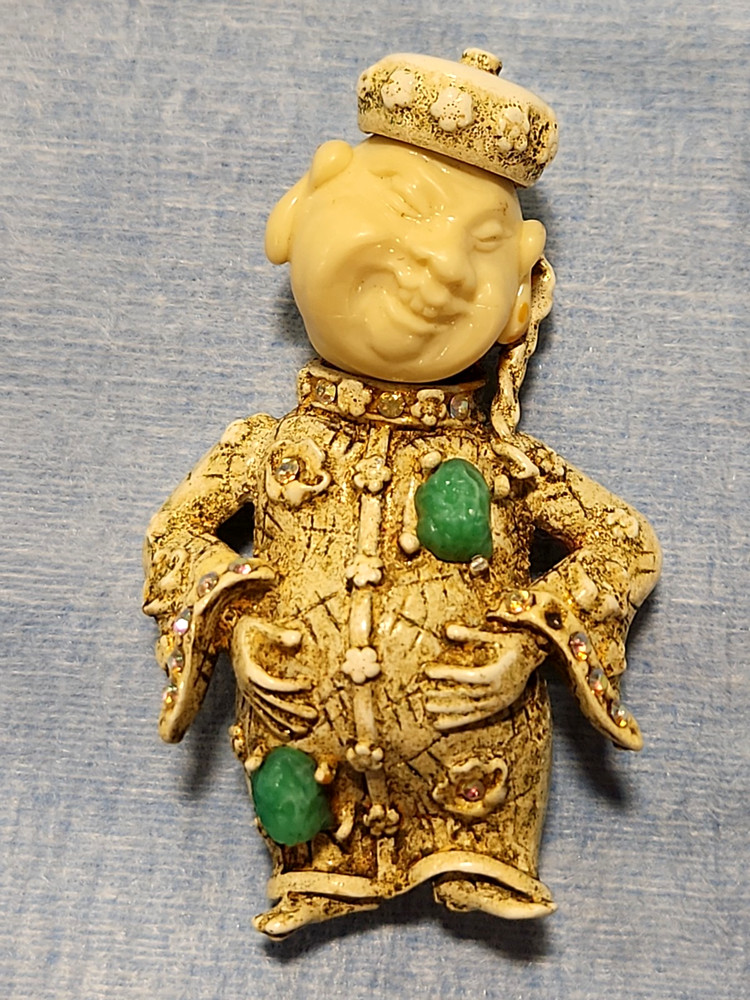 Rare Brooch 3″ Rhinestone Laughing Smiling Budda Asian Pin Brooch Signed HAR