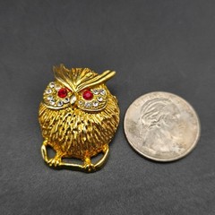 Gold Tone Owl Bird Brooch Rhinestone Eyes Nature Animal Vintage Jewelry