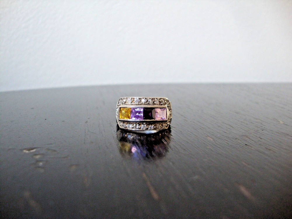 VINTAGE PINK TOPAZ AMETHYST LAVENDER TOPAZ CITRINE WHITE TOPAZ SILVER 925 RING