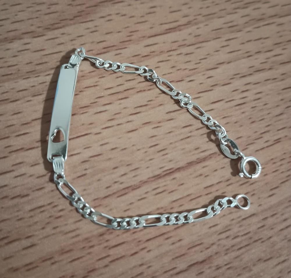 Vtg 925 Italy Sterling Silver 2.5mm Figaro Chain ID Band Heart 6″ Bracelet