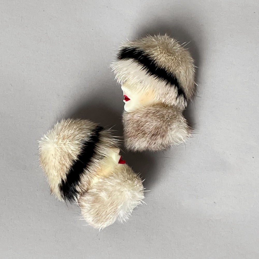 80s VTG Real Fur Lady Face Post Earrings Fashion Ladies Genuine Mink HandPainted