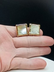 Vintage Thick Gold Plated Clip-Ons Earrings Mother Of Pearl Inlay Square 3/4″