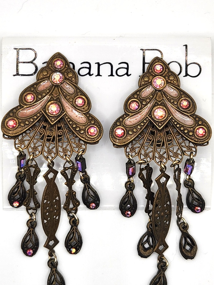 Vtg. Banana Bob Art Deco Style Dangle Earrings Pink Enamel Pink Rhinestones