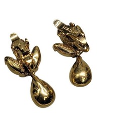 Trifari Clip On Earrings Black & Clear Dangling 1990s Vintage Gold Tone