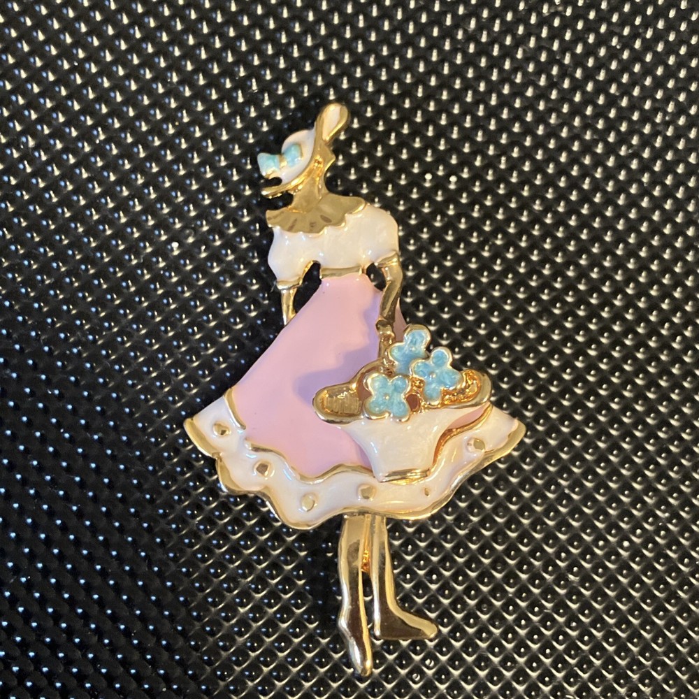 Vintage Art Deco style elegant lady in a hat brooch pin Pink Enamel Purse Moves