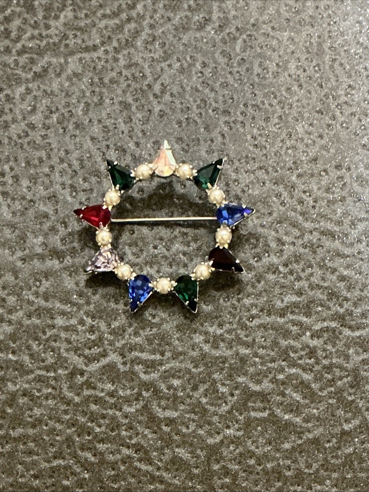 Vintage B David Circle Brooch Pin Multi-Color Crystal Faux Pearl Midcentury