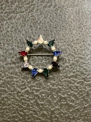 Vintage B David Circle Brooch Pin Multi-Color Crystal Faux Pearl Midcentury