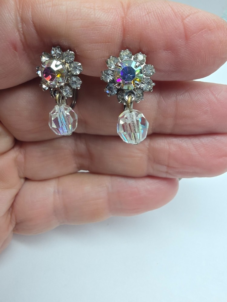 Clear AB Rhinestone Crystal Flower Dangle Screw Back Earrings Vintage