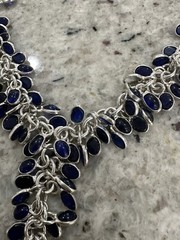 Vtg Sterling Silver 925 Blue Cabochon Stone Statement Necklace, 21in Long