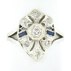 Antique Art Deco 14k White Gold 0.24ct Diamond Sapphire Filigree Open Work Ring