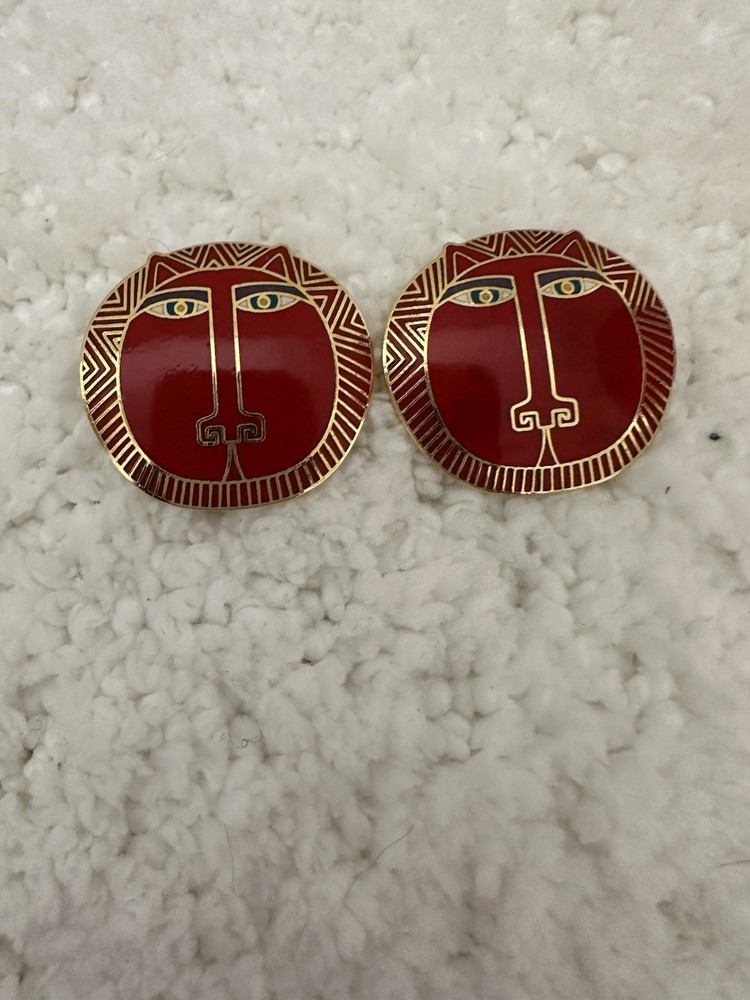 VTG Laurel Burch “Moon Tiger” Stud Cat Earrings Gold Tone/ red SIGNED 1”