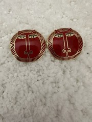 VTG Laurel Burch “Moon Tiger” Stud Cat Earrings Gold Tone/ red SIGNED 1”