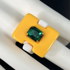 Modernist Lucite Ring Yellow Green Rhinestone Sz 7 Statement Chunky Post Modern