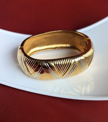 Vtg Oroton High Polish Shiny Gold Silver Tone Wide Bangle Fits 7″ Bracelet Dent