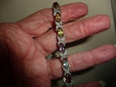 925 TENNIS BRACELET SILVER GOLD TONES MULTI COLOR SEMI PRECIOUS STONE 8″L #2222