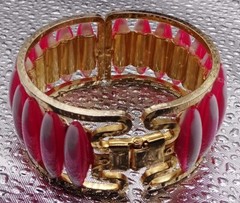 Vintage Hinged Pink & White Stripe Peppermint Lucite & Metal Clamper BRACELET