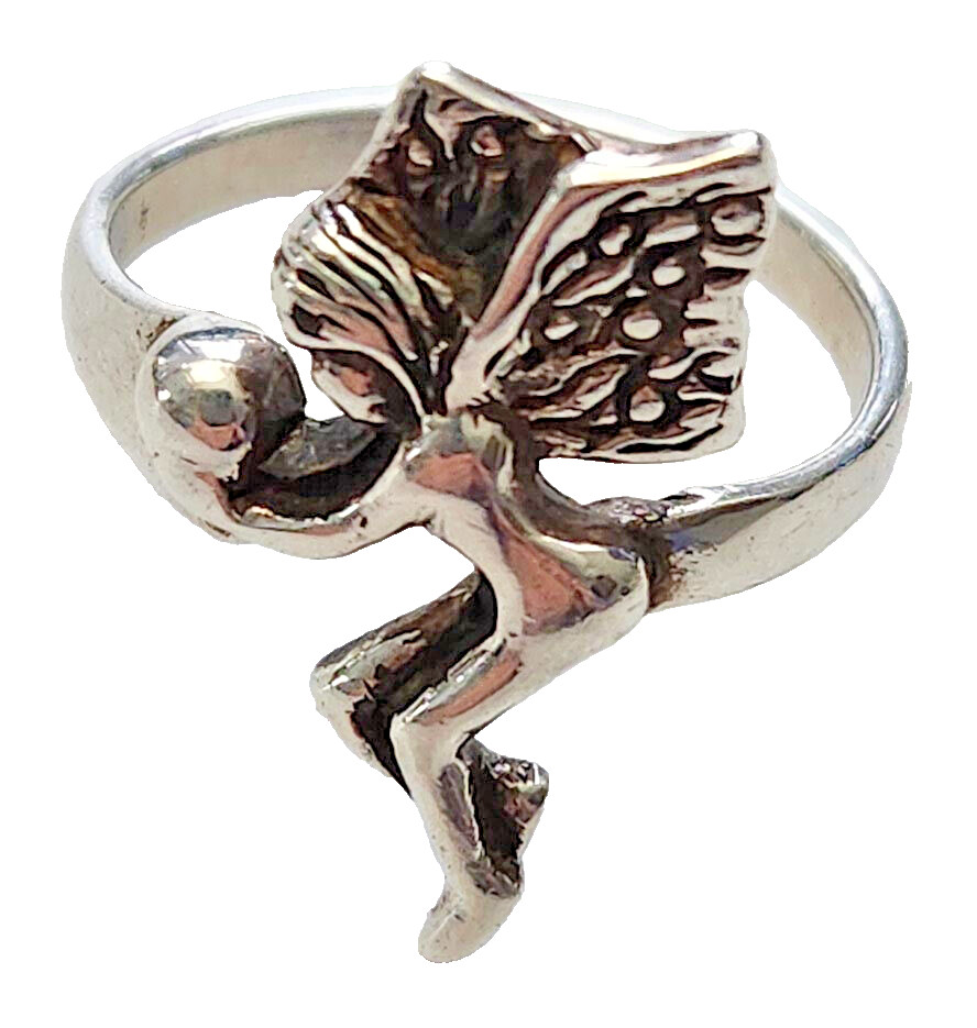 RING Vtg FAIRY ANGEL 925 Sterling Silver w Crystal Ball Size 7 US 3.6 gram