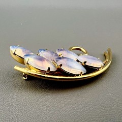 Vintage Opalite Glass Brooch Gold Tone Leaf Branch