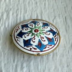 Vintage Metallic Enamel Trombone Clasp Geometric Pattern Gold Tone Brooch Pin
