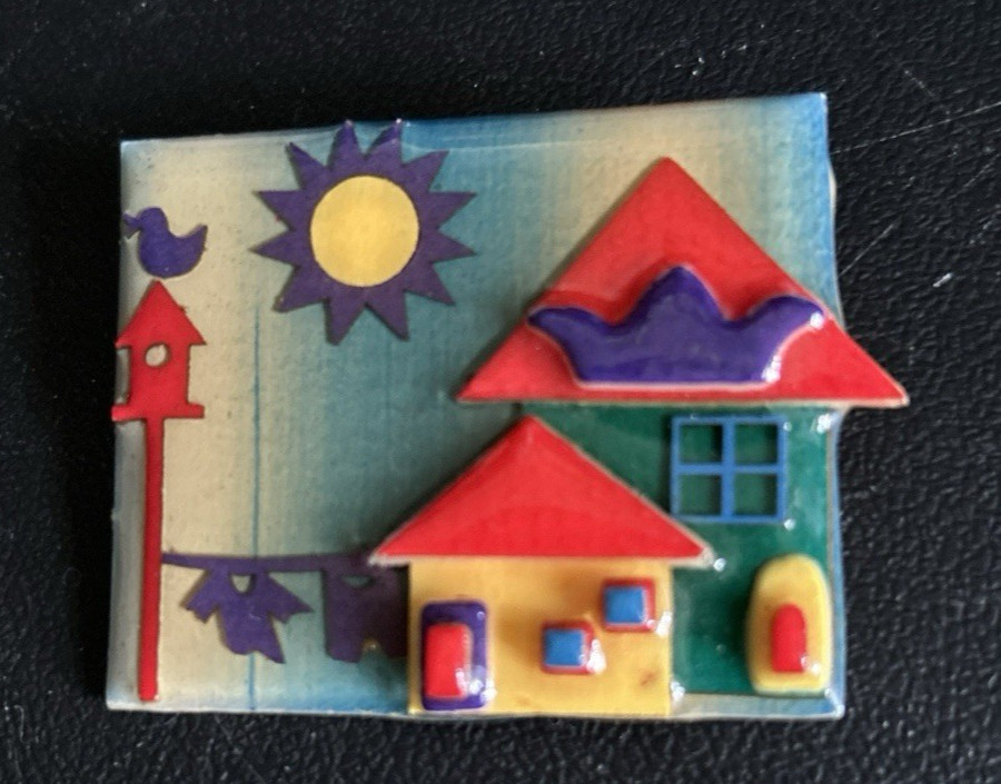 Vintage House Pin By Lucinda Teal Red Dog Houses Sun Pin Brooch