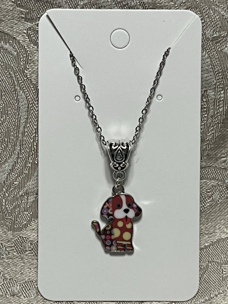 Adorable Cartoon Dog Puppy Floral Silver Enamel Bohemian Fashion Necklace 18”