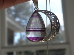 Large Sterling Silver 925 Fluorite Crescent Moon Pendant Necklace
