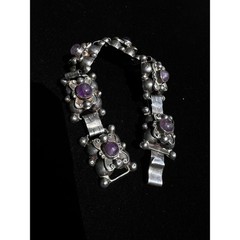 VTG 1930’s Mexican SS Purple Amethyst Orbit Panel Cabochon Link Bracelet 7.5″