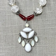 Handmade Red & Clear Crackle Glass Bead Necklace Acrylic Pendant Magnetic Clasp