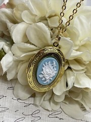 Blue White Easter Spring Wedding ROSE Cameo Locket Pendant Necklace Woman Gold
