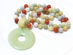 Vintage Chinese Multi-Color Jade 9mm Beads Necklace Pendant, Silver Clasp, 25″
