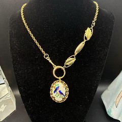 Vintage 12k Gold Filled Pocket Watch Chain FOB, Dog Clip, Guilloche Bluebird