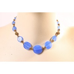 1940s 1950s Purple Blue Circle Disc Glass and Brass Metal Beaded Necklace