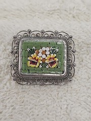 Micro Mosiac Brooch Pin Flower Pattern Green & Silver Made in Italy filigree