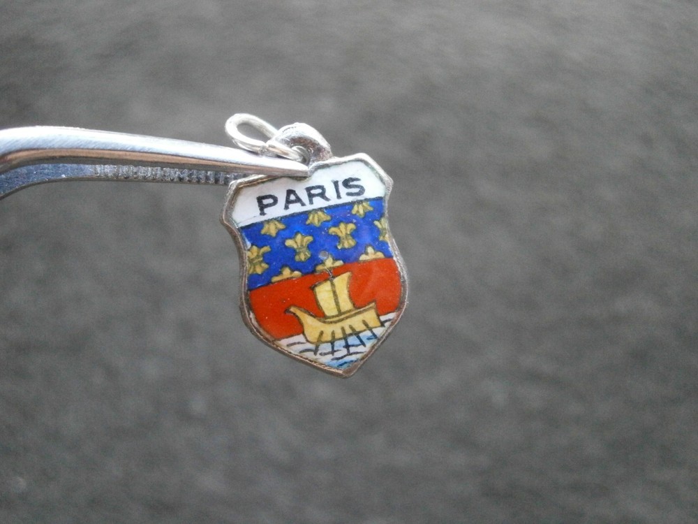 Paris France Vtg 800 REU Silver Enamel Travel Shield Bracelet Charm Pendant 1.1g
