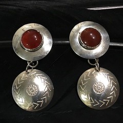 ESTATE STERLING SILVER CARNELIAN STAMPED DROP DANGLE POST BACK EARRINGS 1 5/8″