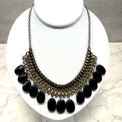 Antique Brass Link Mesh Bib Necklace Chunky Black Dangle Bead Statement Collar