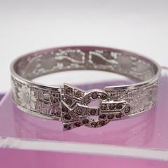 Art Deco Rhodium Filigree Floral Rhinestone Tension Close 6 3/4″ Bangle Bracelet