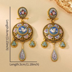 Vintage European Floral Bird Enamel Disc Drop Earrings Gold Victorian Jewelry