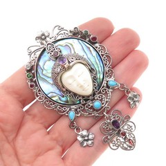 925 Sterling Vintage Real Abalone Shell & Multi-Color Gem Goddess Slide Pendant