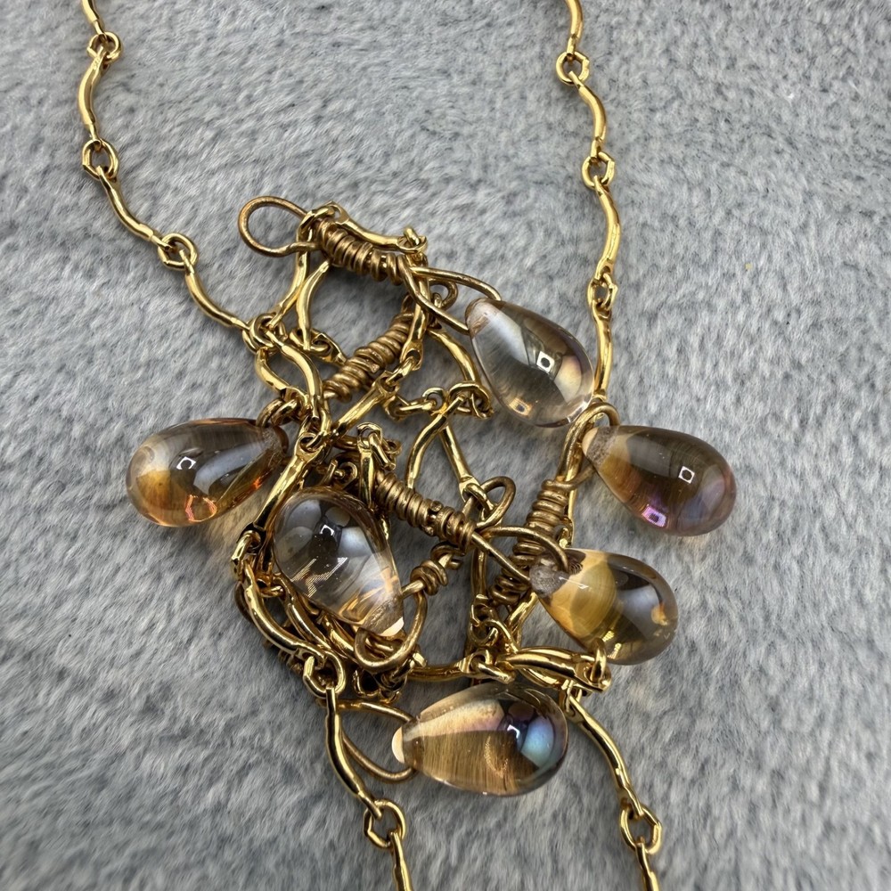 Glass Beaded Necklace Tear Drops AB Gold Tone 32”