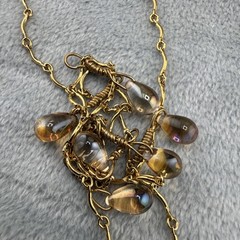 Glass Beaded Necklace Tear Drops AB Gold Tone 32”