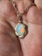Vintage Jewelry, Cream Stone Pendant with Chain, Antique Jewelry, Made in USSR