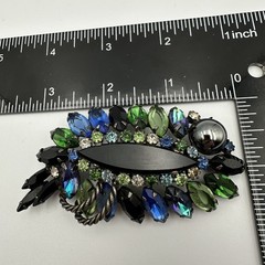 Vintage Rhinestone Brooch Blue Green Black Navette Cabochon Layered Statement