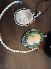 Lot of 4 Cameo Pendants Carved Shell Silver Tone With Pearl Necklace & Bracelet